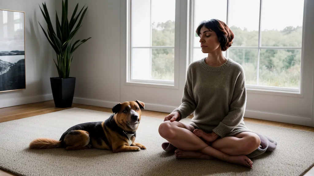 Ruhige Szene mit Hund und Halterin waehrend einer Tierkommunikations-Uebung