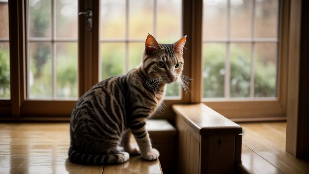 Tierschutzkatze beobachtet ruhig den Regen aus dem Fenster
