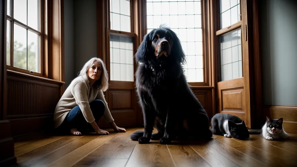 Eine Frau sitzt mit ihrem Hund auf dem Boden und beobachtet ihre Katzen.