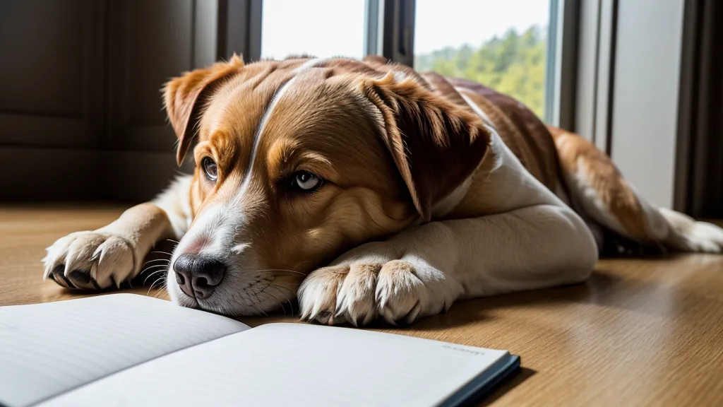 Strukturierte Notizen zur Tierkommunikation neben einem schlafenden Hund