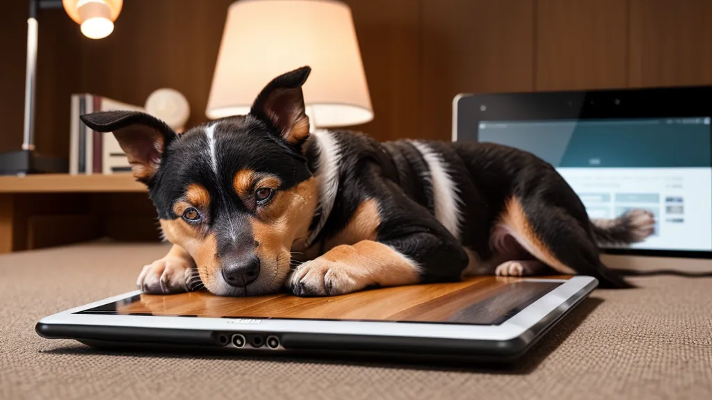 Online Kurs Interface fuer Tierkommunikation auf einem Tablet neben einem schlafenden Hund